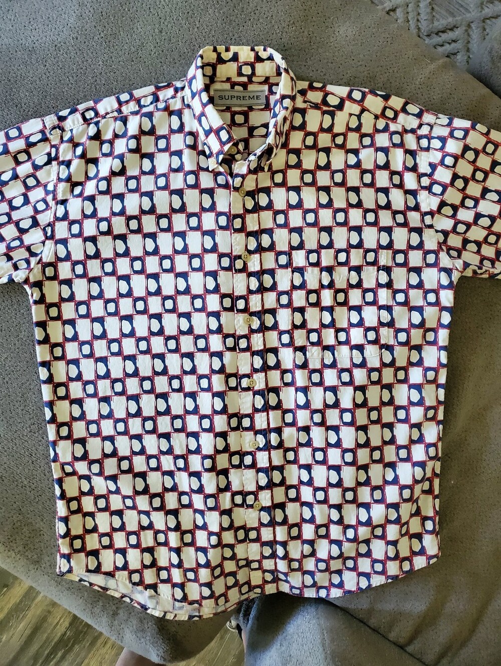 Supreme Vintage Short Sleeve Button Down Shirt Geometric Print Cream Navy Red